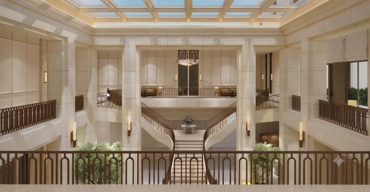 Clubhouse atrium and grand staircase viewed from the mezzanine gallery at Lodha Beaumont Estate