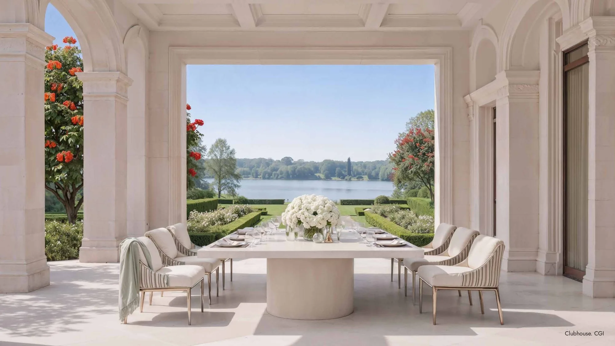 Lodha Beaumont Estate (Lodha Sadahalli) clubhouse colonnade overlooking the serene lake
