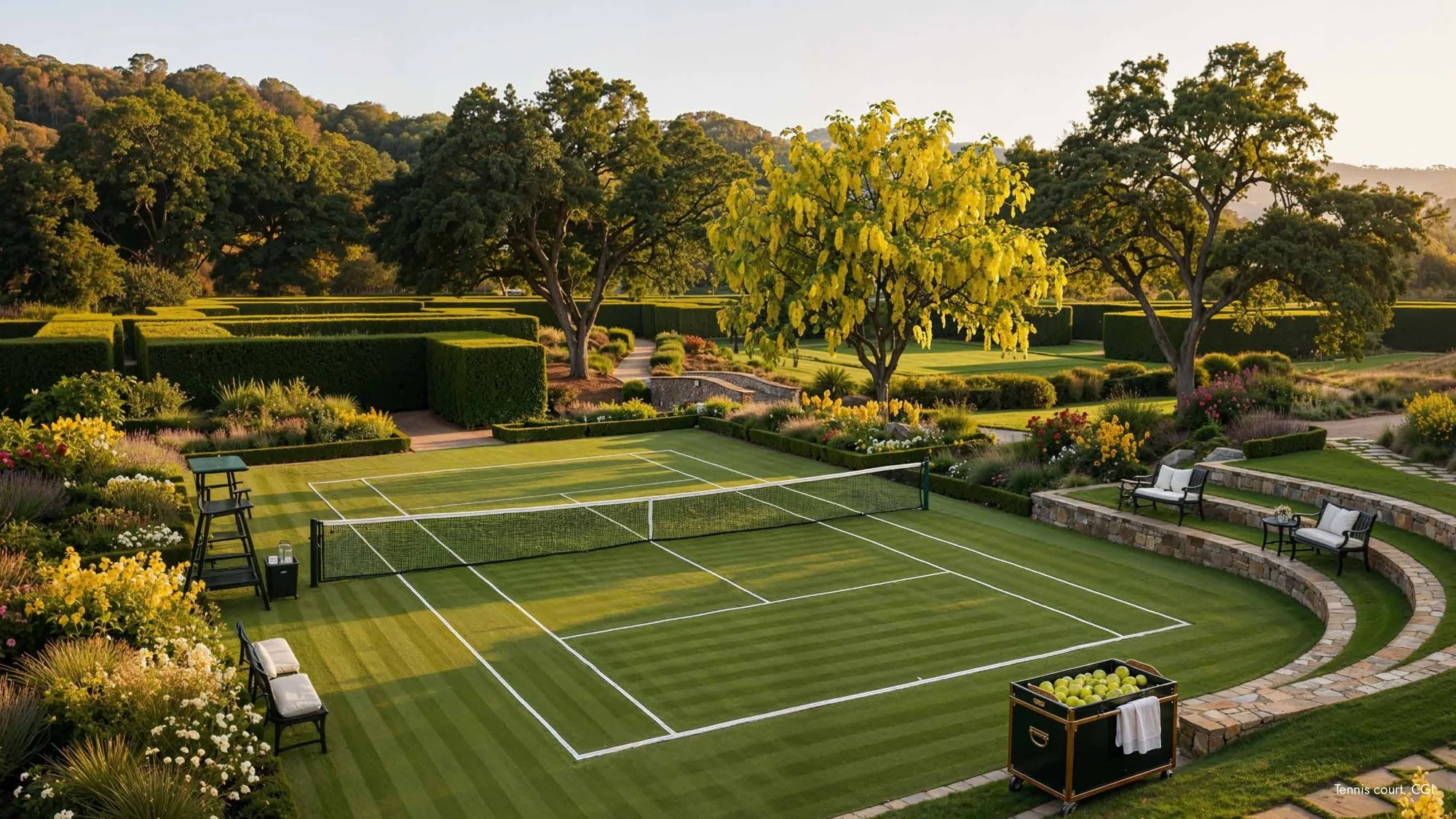 Grass tennis court and manicured lawns at Lodha Beaumont Estate