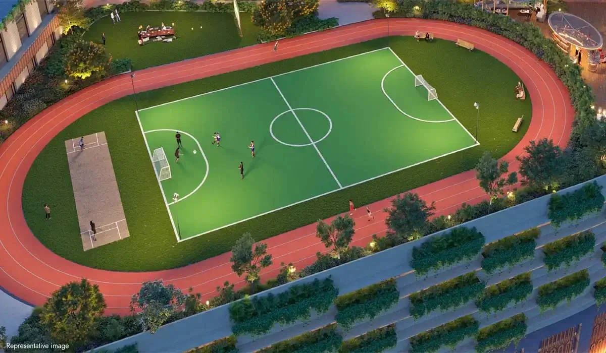 Lodha Hopefarm Whitefield rooftop sports arena with jogging track — illustrative concept